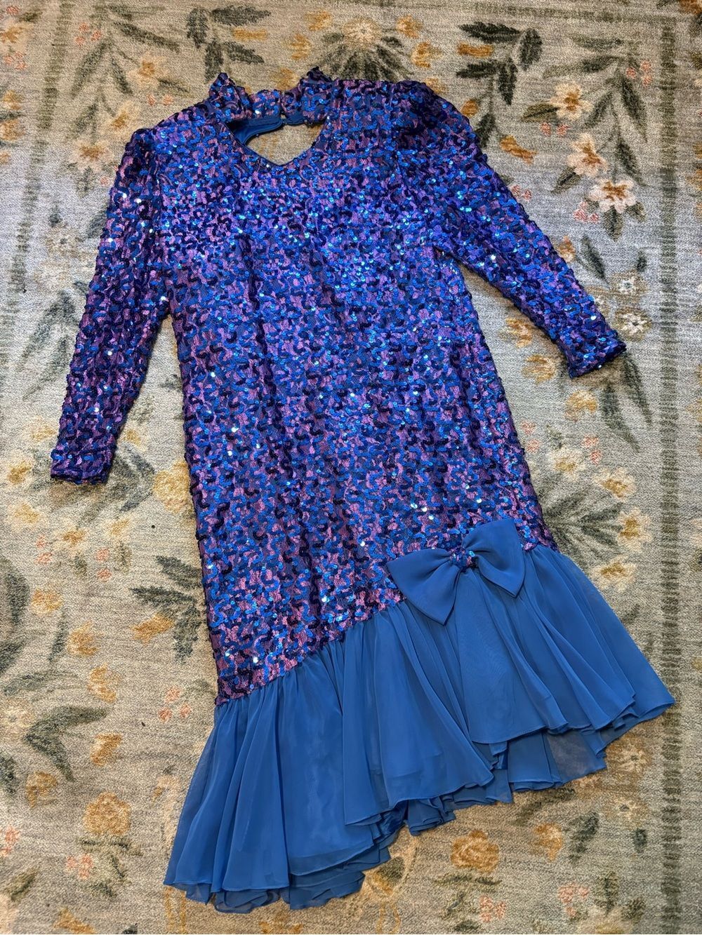 VTG 80s Bradleys Sequined Drop Waist Ruffle Dress Asymmetric Keyhole Blue Purple
